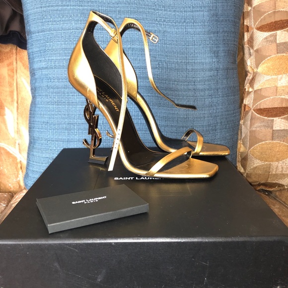 Saint Laurent Shoes - SAINT LAURENT Opyum YSL Leather Sandals Gold